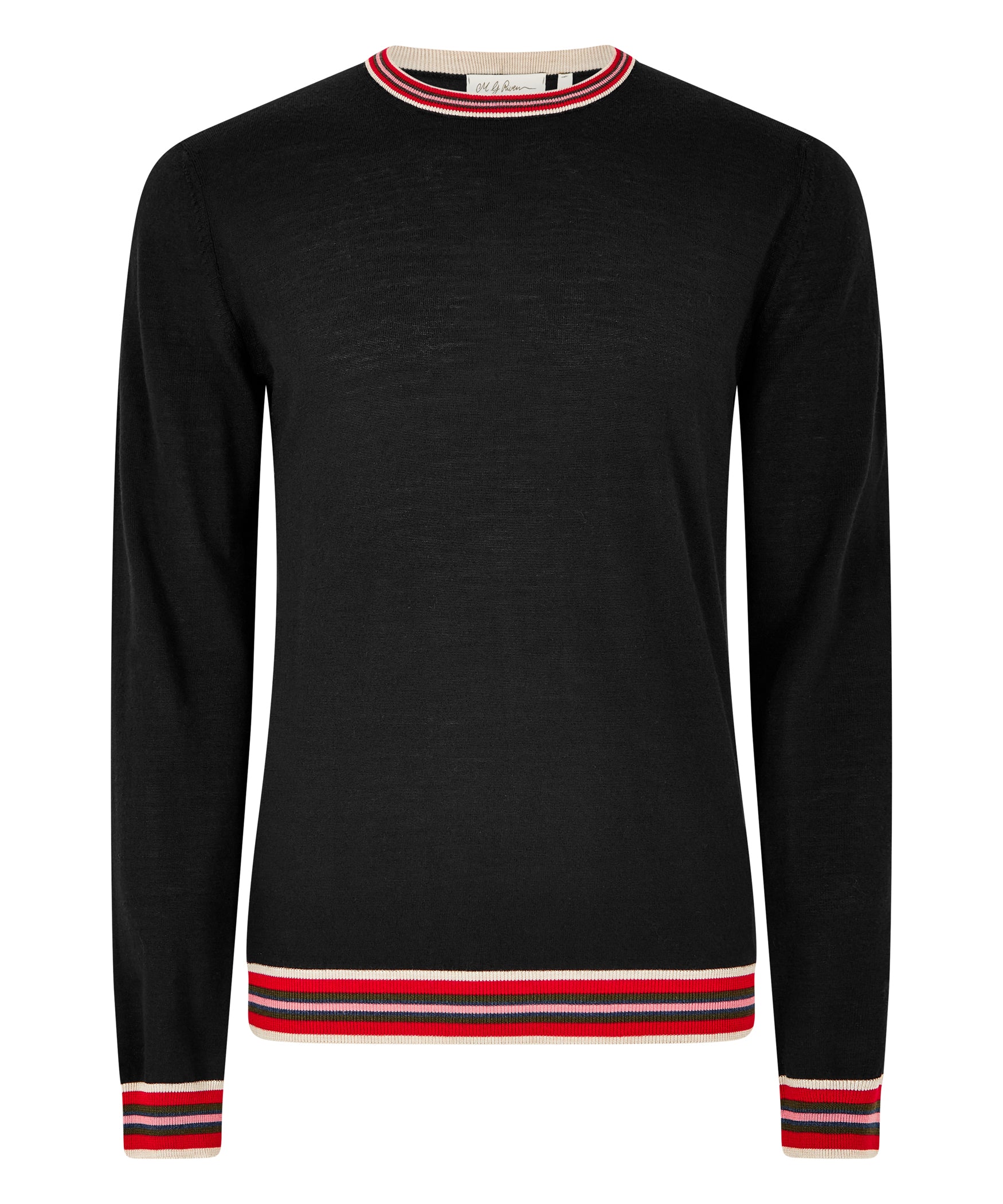 Worsted Spun Extrafine Merino crew in Black with stunning silk stripes added to the trims 